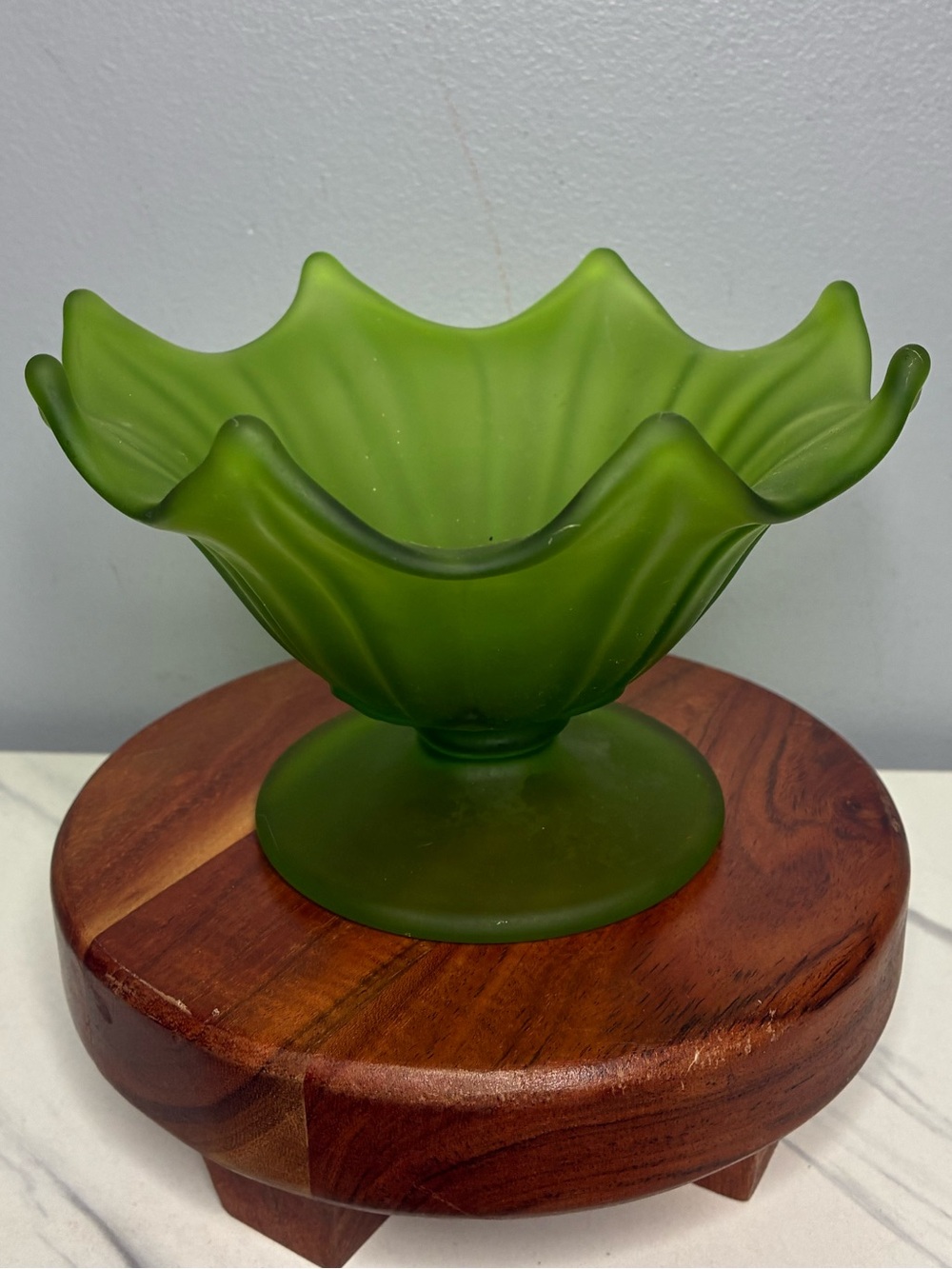 Westmoreland Satin Olive Green Ruffled Pedestal Glass Compote Bowl